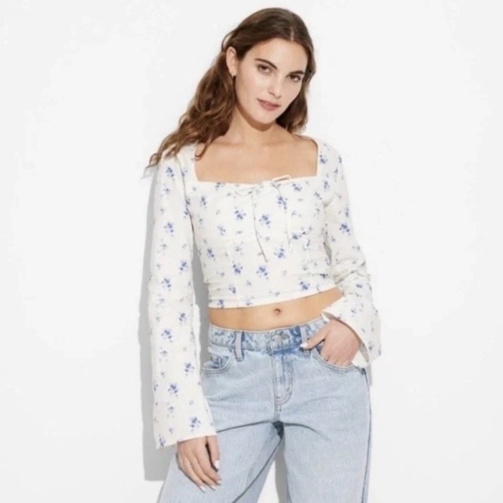Wild Fable Floral White and Blue Blouse